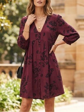 Ba&sh Jim Floral Print Babydoll Mini Dress Burgundy V-Neck Button Front